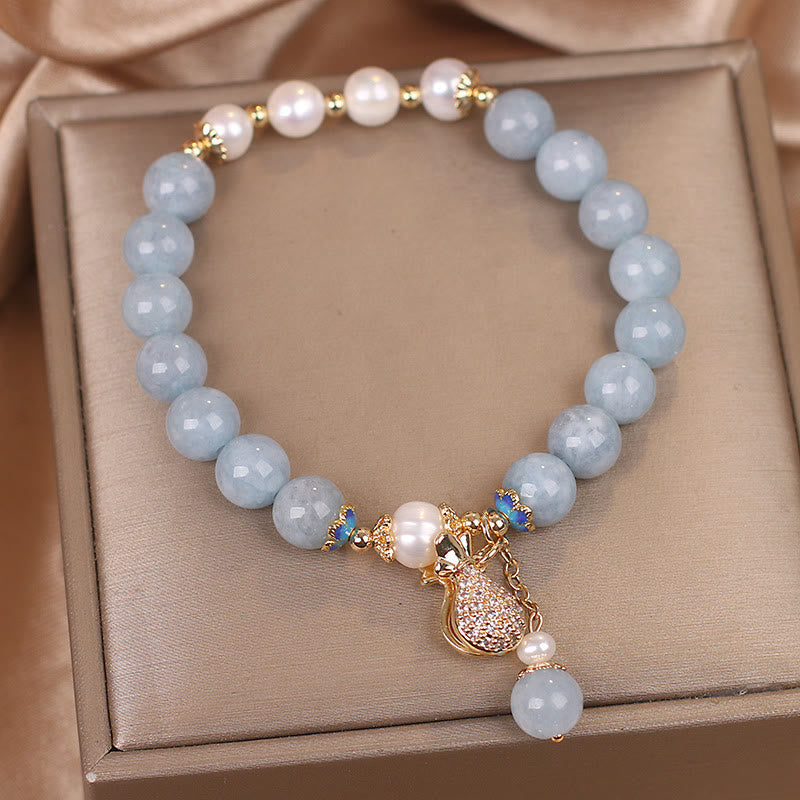 Carmiora Aquamarin-Perlen-Glücksbeutel-Charm-Armband