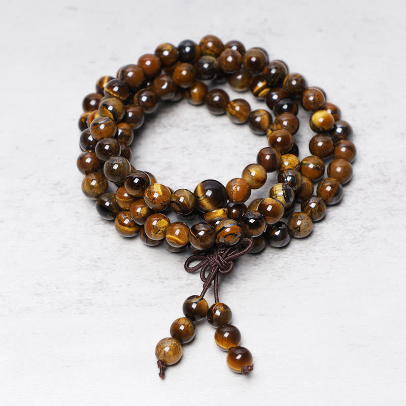 Carmiora tibetische 108 natürliche Tigerauge-Edelsteinperlen Gebets-Mala-Armband-Halskette