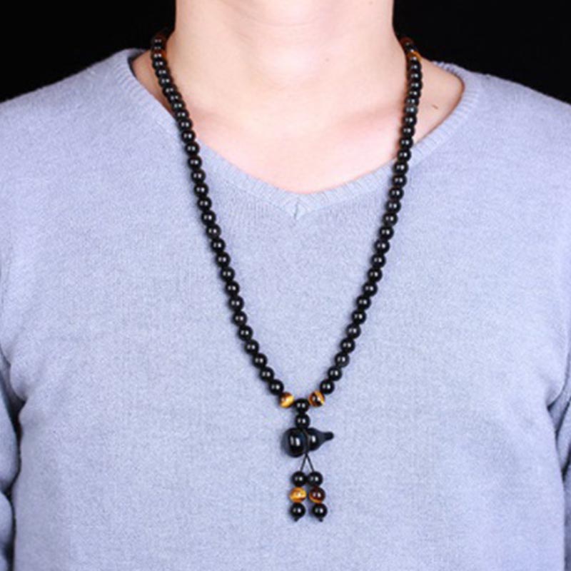Carmiora Natürliches schwarzes Obsidian-Regenbogen-Obsidian-Kürbis-Segen-Armband Mala