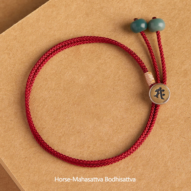 Carmiora 925 Sterling Silber handgefertigtes chinesisches Sternzeichen Natal Buddha Cyan Bodhi Samenschutz geflochtenes rotes Schnurarmband