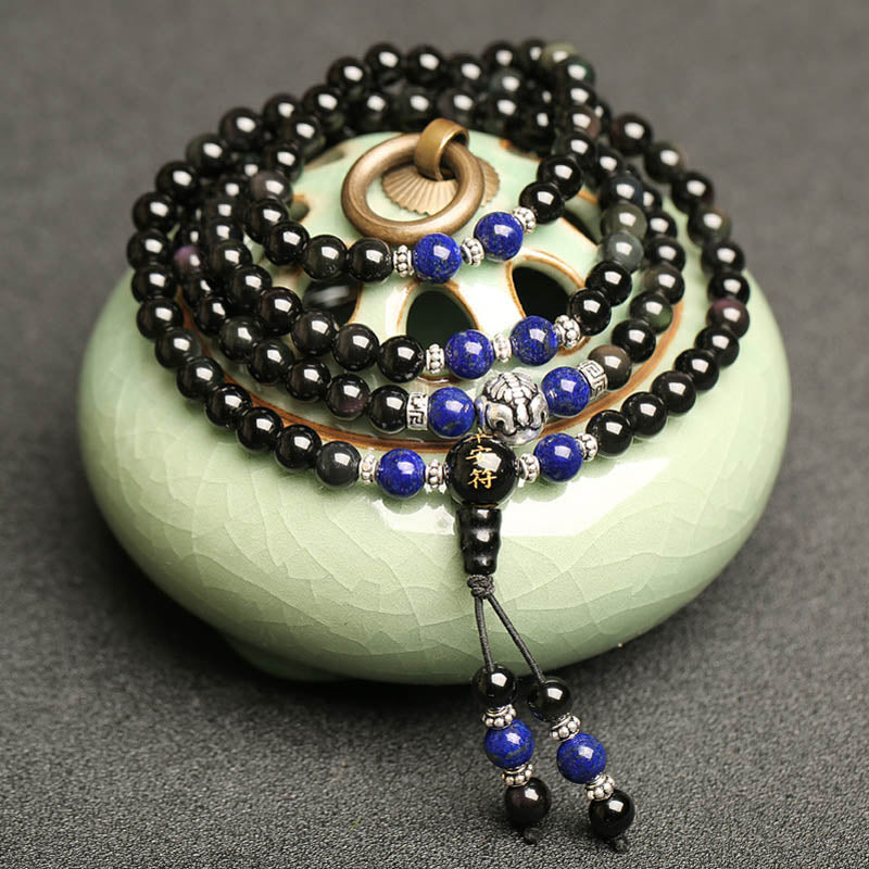 Carmiora Mala-Armband mit 108 Perlen, schwarzem Obsidian, Tigerauge, Lazurit