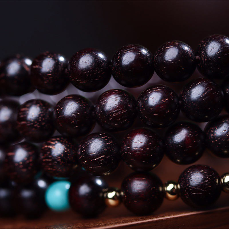 Carmiora 108 Mala-Perlen, tibetisches kleines Blatt, rotes Sandelholz, Lotus-Balance-Armband
