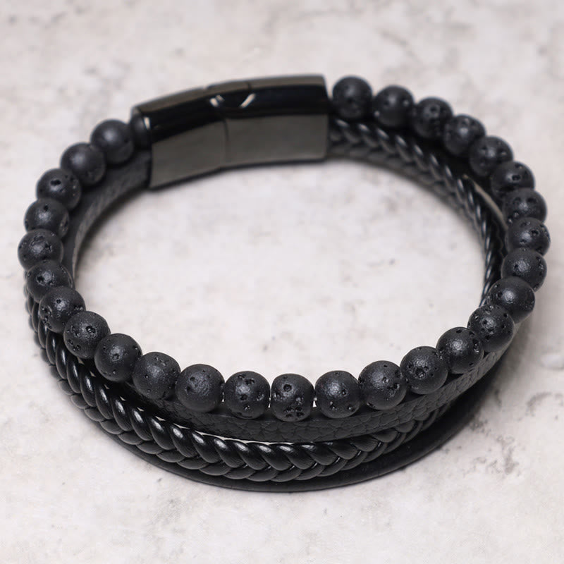Carmiora natürliches Lavagestein-Lederarmband mit schwarzen Onyxperlen