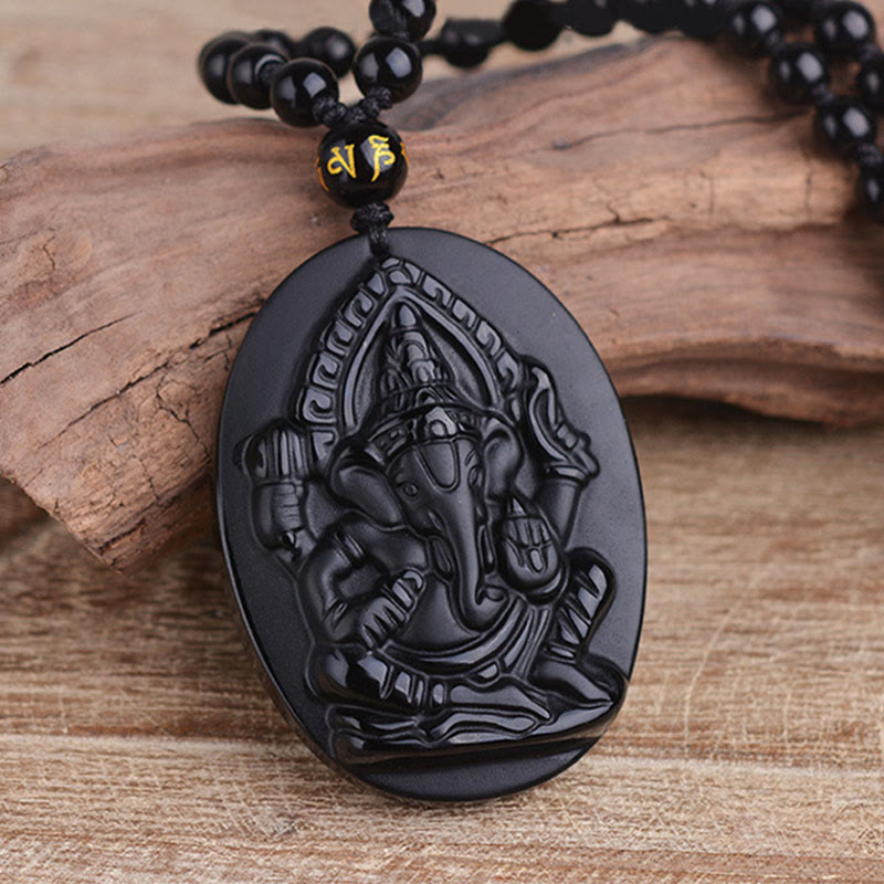 Carmiora tibetischer Obsidian Ganesh Ganpati Elefant Reichtum Amulett Halskette