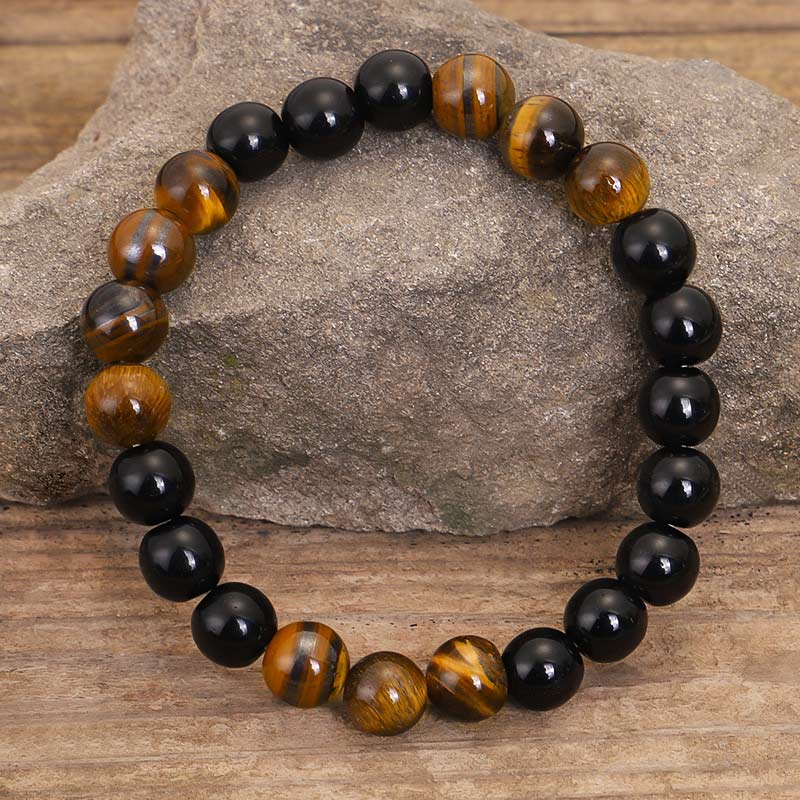Carmiora Tibetisches schwarzes Onyx-Tigeraugenschutz-Halsketten-Mala-Set