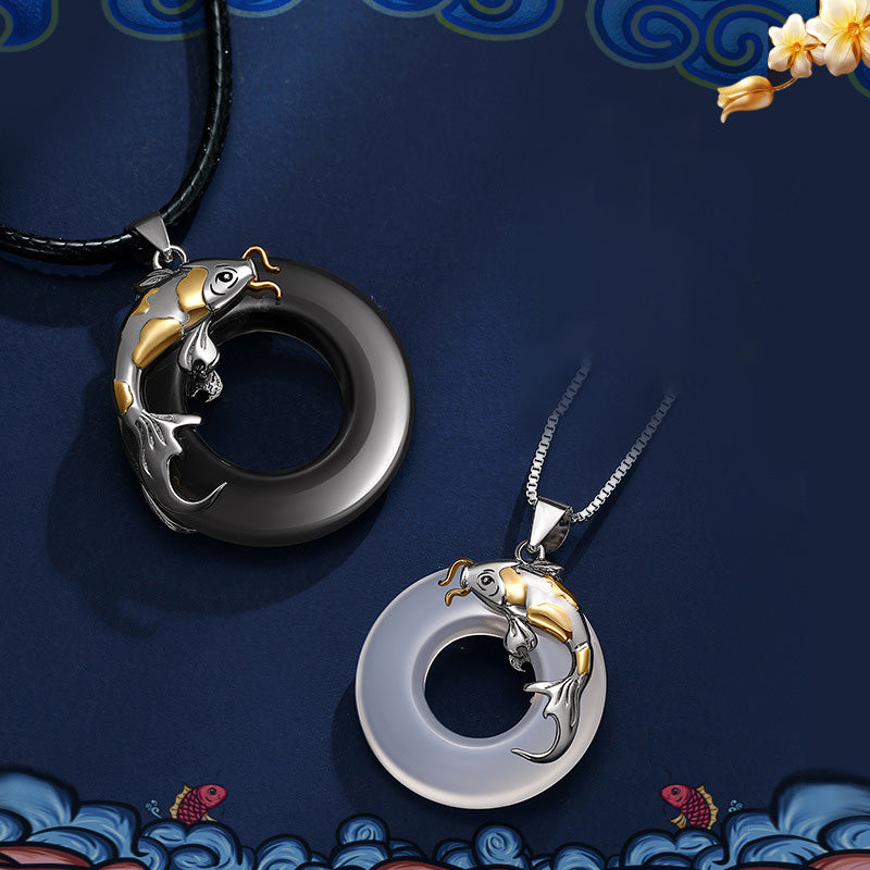 Carmiora-Mondstein, schwarzer Obsidian, Koi-Fisch, heilender Liebes-Halsketten-Anhänger