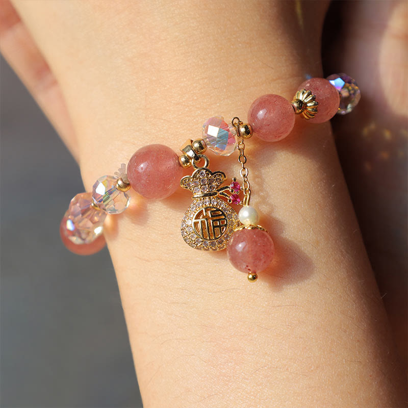 Carmiora Natürliches Erdbeerquarz-Kristall-Geldbeutel-Charm-Positiv-Armband