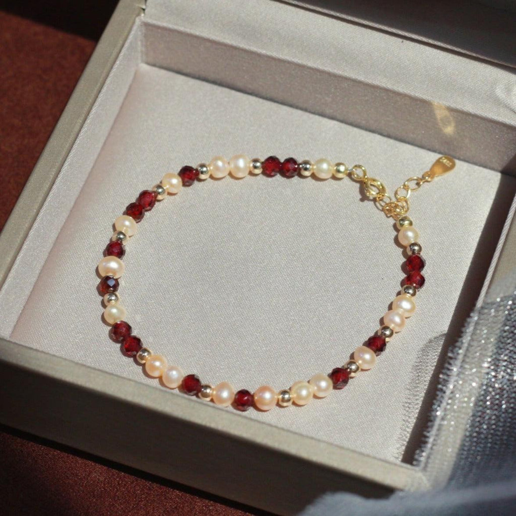 Granat- und Perlenarmband (massives Silber)