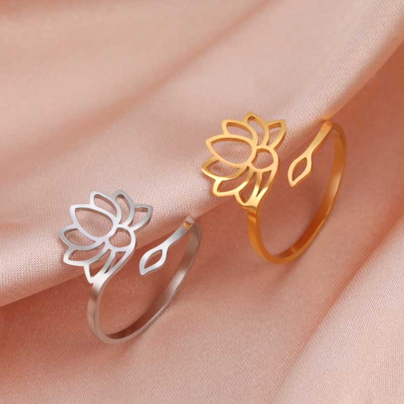 Verstellbare Ringe aus Edelstahl mit Lotusblüte