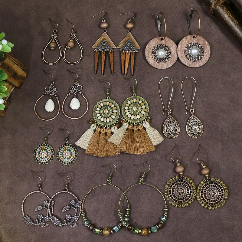 Vintage Boho Ethno Holz Tropfen Ohrringe