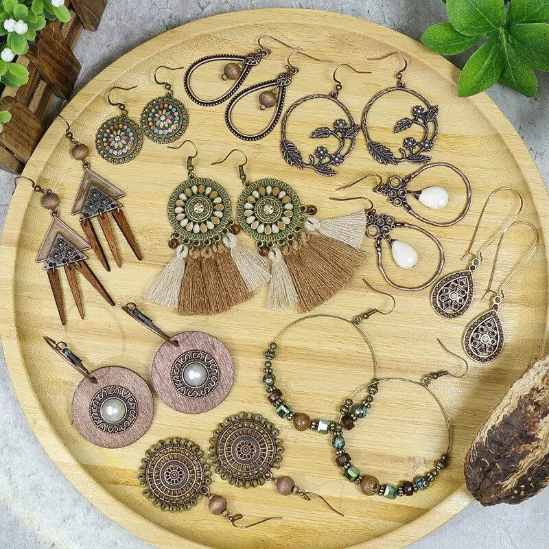 Vintage Boho Ethno Holz Tropfen Ohrringe