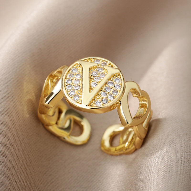 Ausgefallene, personalisierte, mit Strasssteinen besetzte offene Ringe mit Initialen