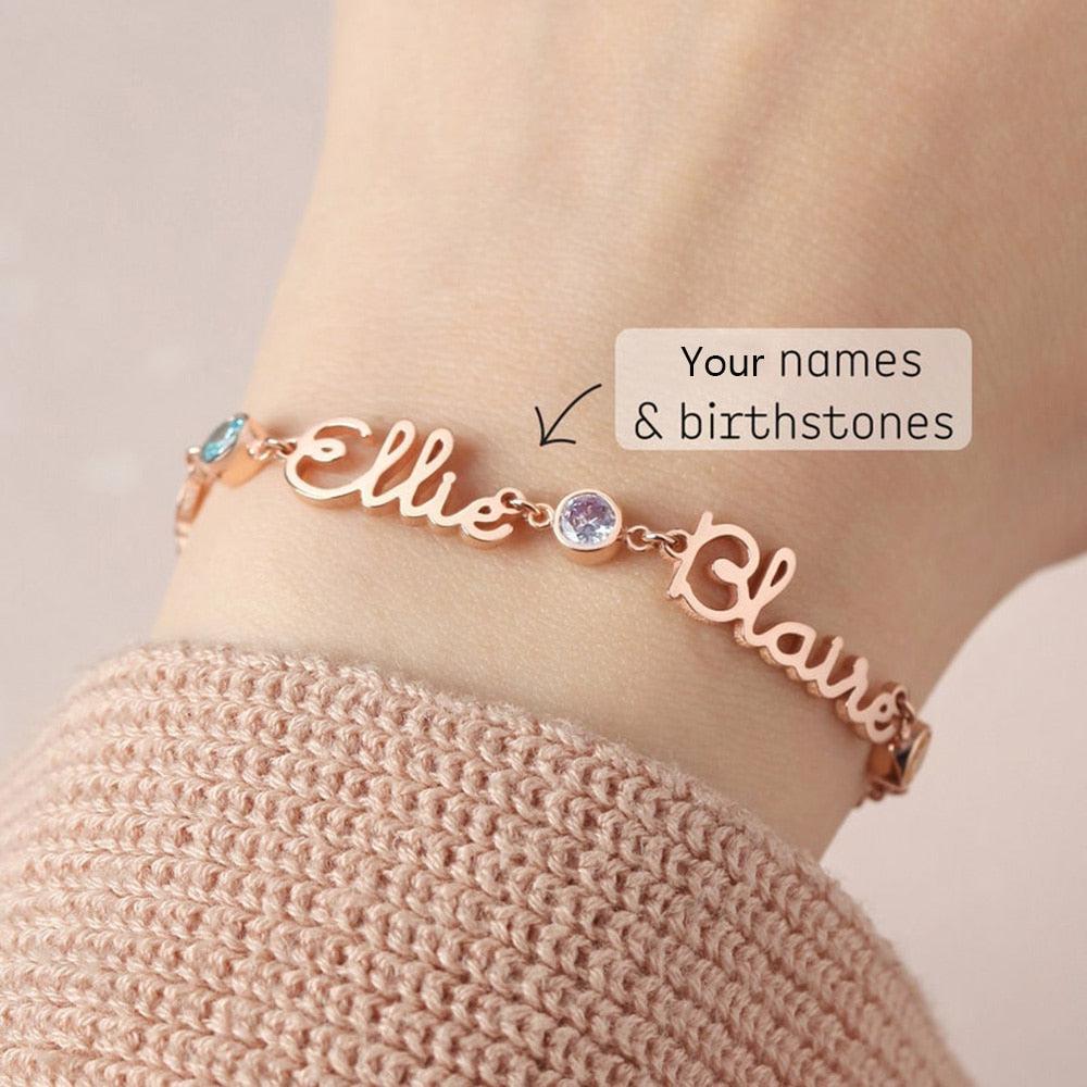 Personalisiertes Armband mit mehreren Namen und Geburtssteinen