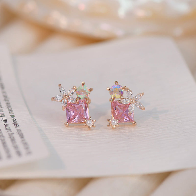 Ohrstecker mit rosa Edelsteinblumen - Alicia