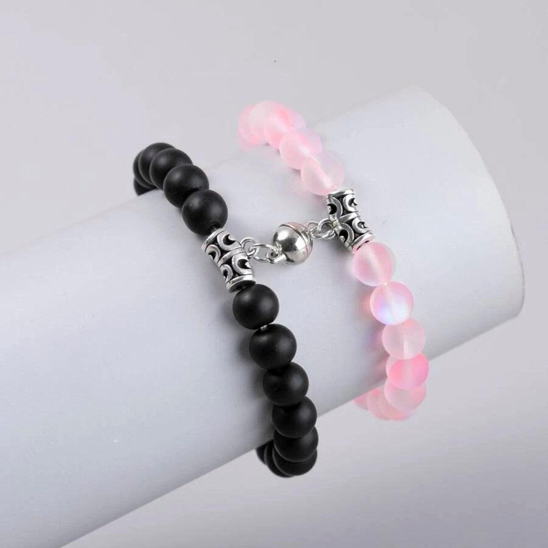 Magnetische Paararmbänder aus Rosenquarz und mattschwarzem Achat