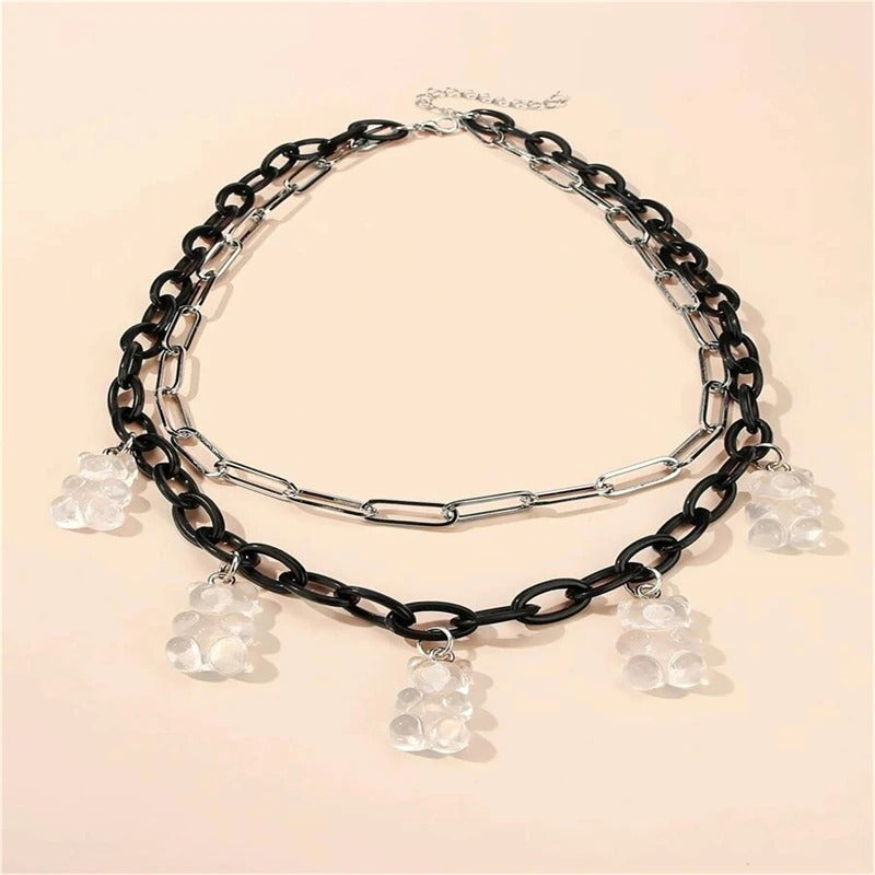 Schwarz-weiße mehrlagige Gothic-Halsketten mit Bärenanhängern