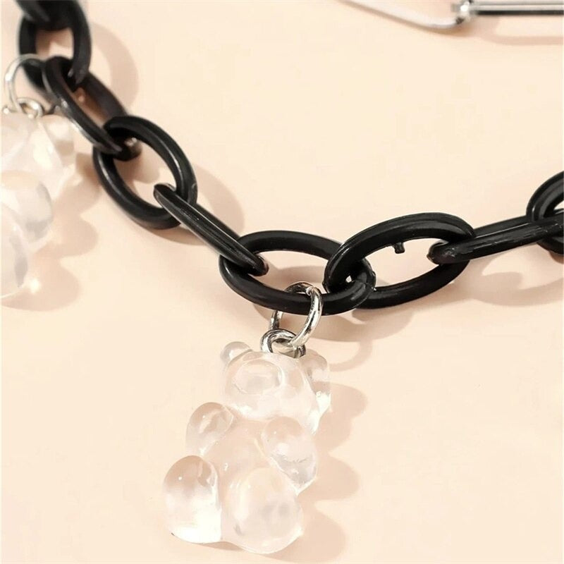 Schwarz-weiße mehrlagige Gothic-Halsketten mit Bärenanhängern