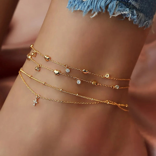 Mehrlagige Bohemian-Ketten-Fußkettchen für Damen für den Sommer
