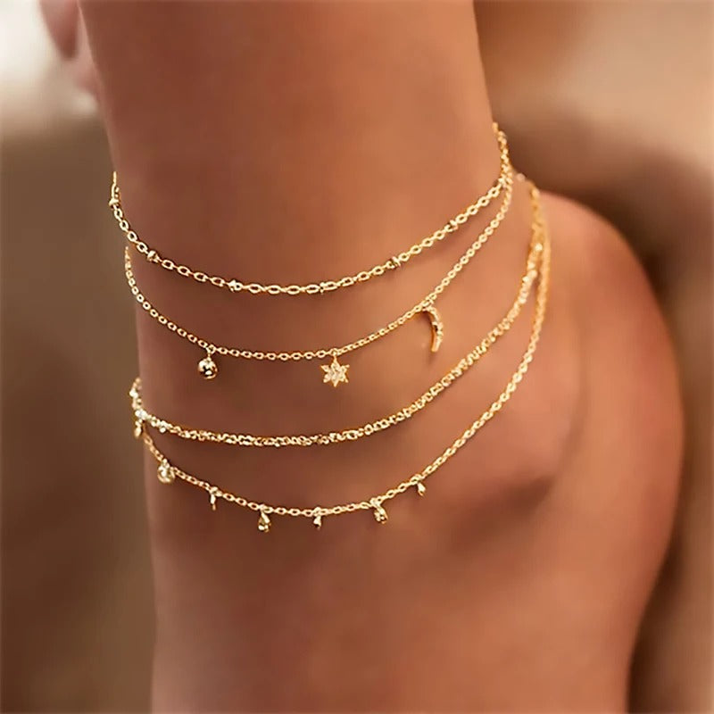 Mehrlagige Bohemian-Ketten-Fußkettchen für Damen für den Sommer