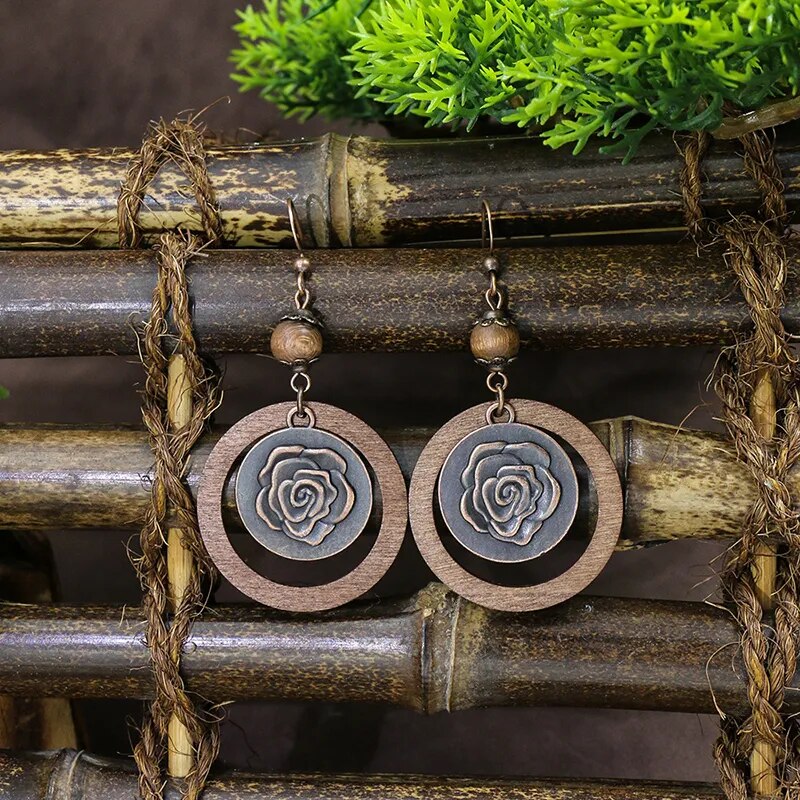 Vintage Boho Ethno Holz Tropfen Ohrringe