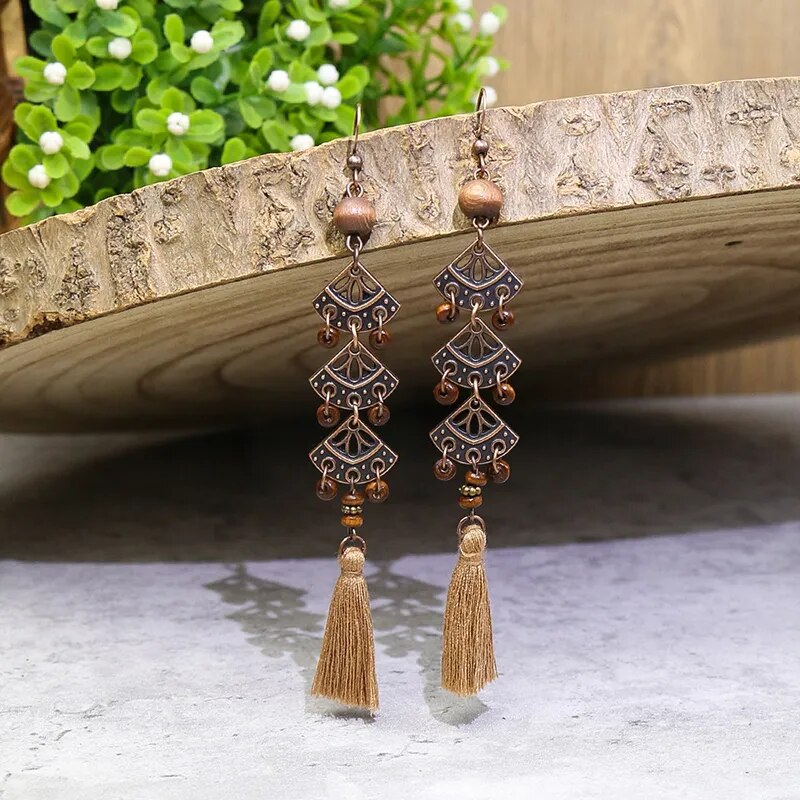 Vintage Boho Ethno Holz Tropfen Ohrringe