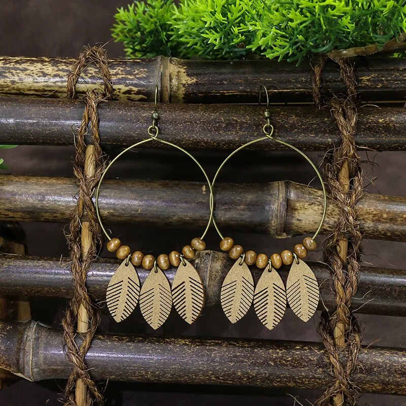 Vintage Boho Ethno Holz Tropfen Ohrringe