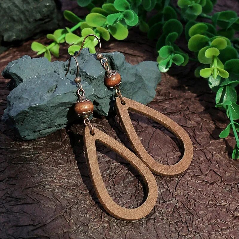 Vintage Boho Ethno Holz Tropfen Ohrringe