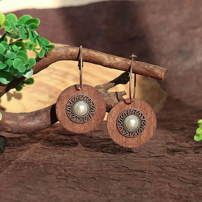 Vintage Boho Ethno Holz Tropfen Ohrringe
