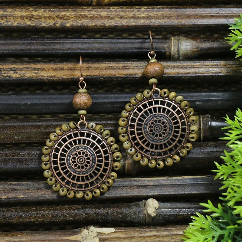 Vintage Boho Ethno Holz Tropfen Ohrringe