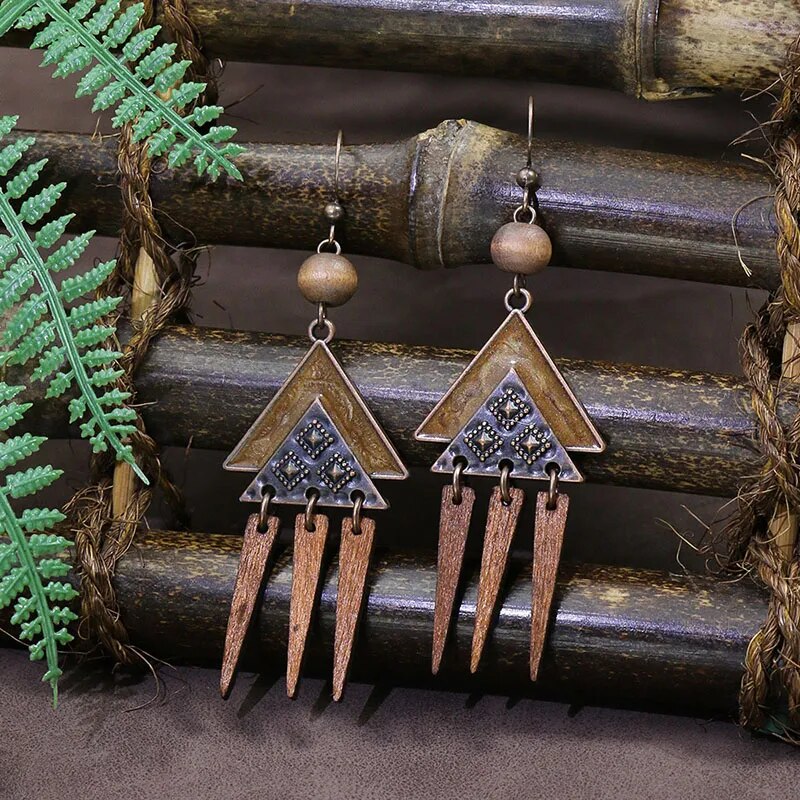 Vintage Boho Ethno Holz Tropfen Ohrringe