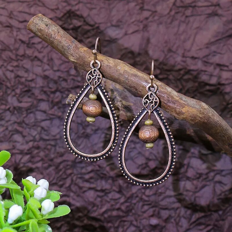 Vintage Boho Ethno Holz Tropfen Ohrringe