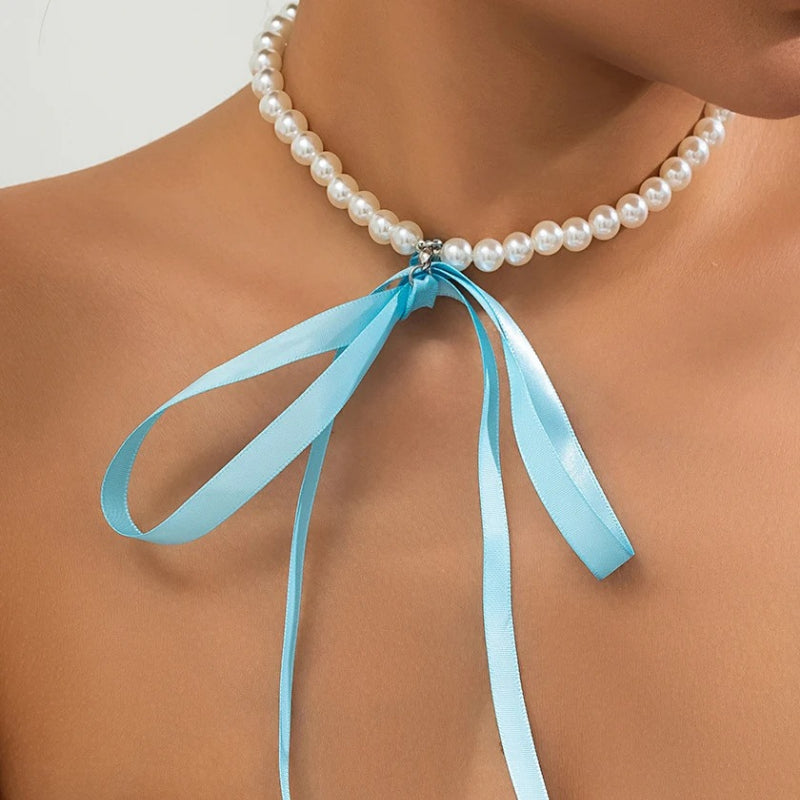 Choker-Halskette mit Perlenkette und Schleife für Damen