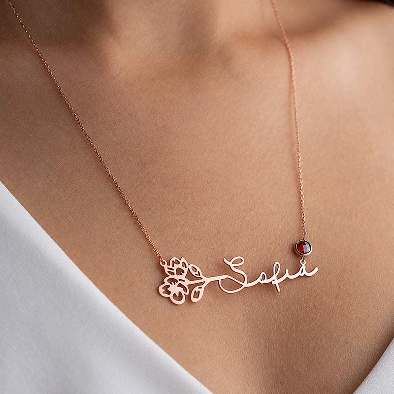 Benutzerdefinierte Horizontal Geburtsblume Geburtssteinname Halskette