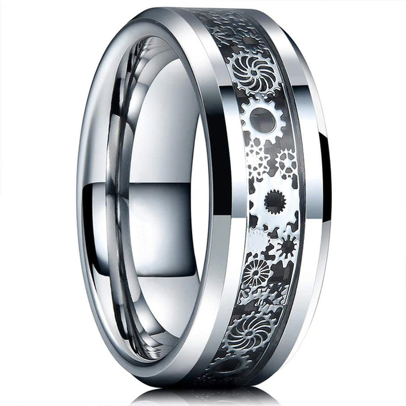 Mode Männer 8Mm Gold Farbe Nut Abgeschrägte Kante Wolfram Hochzeit Carbon Faser Ring Punk Zahnrad Edelstahl Ring für Männer
