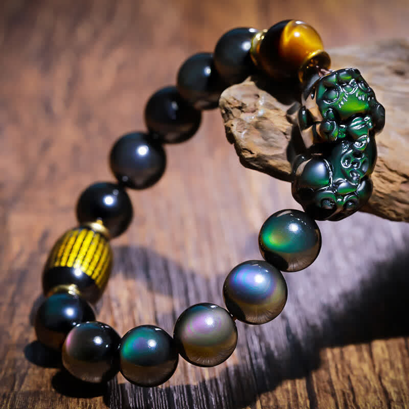 Chavri FengShui PiXiu Regenbogen Obsidian Schwarzer Onyx Tigerauge Positives Armband