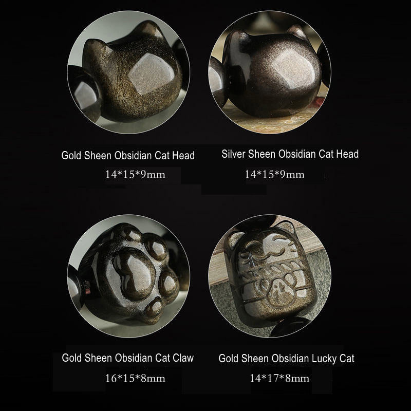 Chavri Gold glänzender Obsidian Silber glänzender Obsidian Schönes Pfoten-Glückskatzen-Schutzarmband