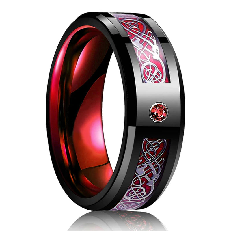 Mode 8 mm rote Nut abgeschrägte Kante Edelstahl keltische Drachenringe für Männer Zirkon Inlay Kohlefaser Ring Männer Ehering