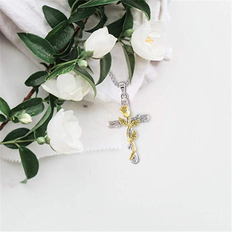 Cross Rose Blume Pendell Halskette