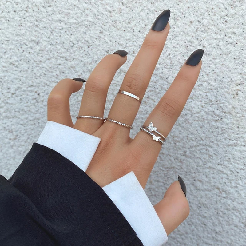 Mode Silber Farbe Metall Ringe Set Herz Schmetterling Blätter Blume Kristall Trendy Finger Ring für Frauen Schmuck Geschenke
