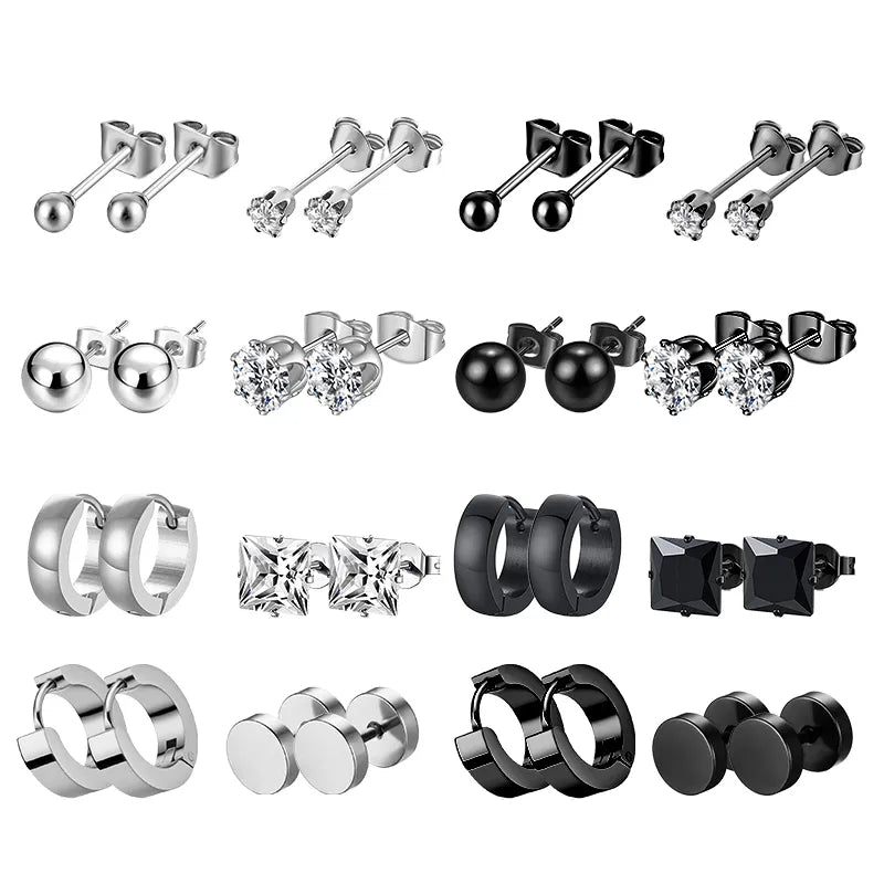 Schwarze Edelstahl Ohrstecker für Männer und Frauen - Punk Stil CZ Runde Ohrringe - Modischer Schmuck