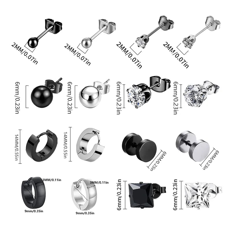 Schwarze Edelstahl Ohrstecker für Männer und Frauen - Punk Stil CZ Runde Ohrringe - Modischer Schmuck