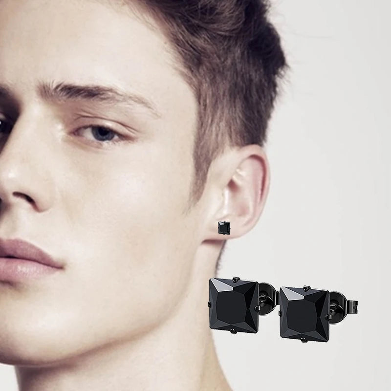 Schwarze Edelstahl Ohrstecker für Männer und Frauen - Punk Stil CZ Runde Ohrringe - Modischer Schmuck