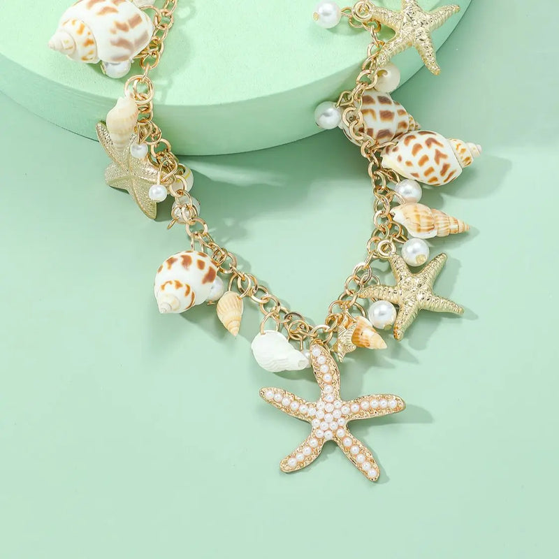Bohemian Strandfußkettchen mit Perlen und Sternfischen für Frauen