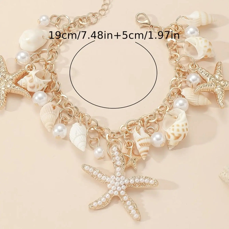 Bohemian Strandfußkettchen mit Perlen und Sternfischen für Frauen