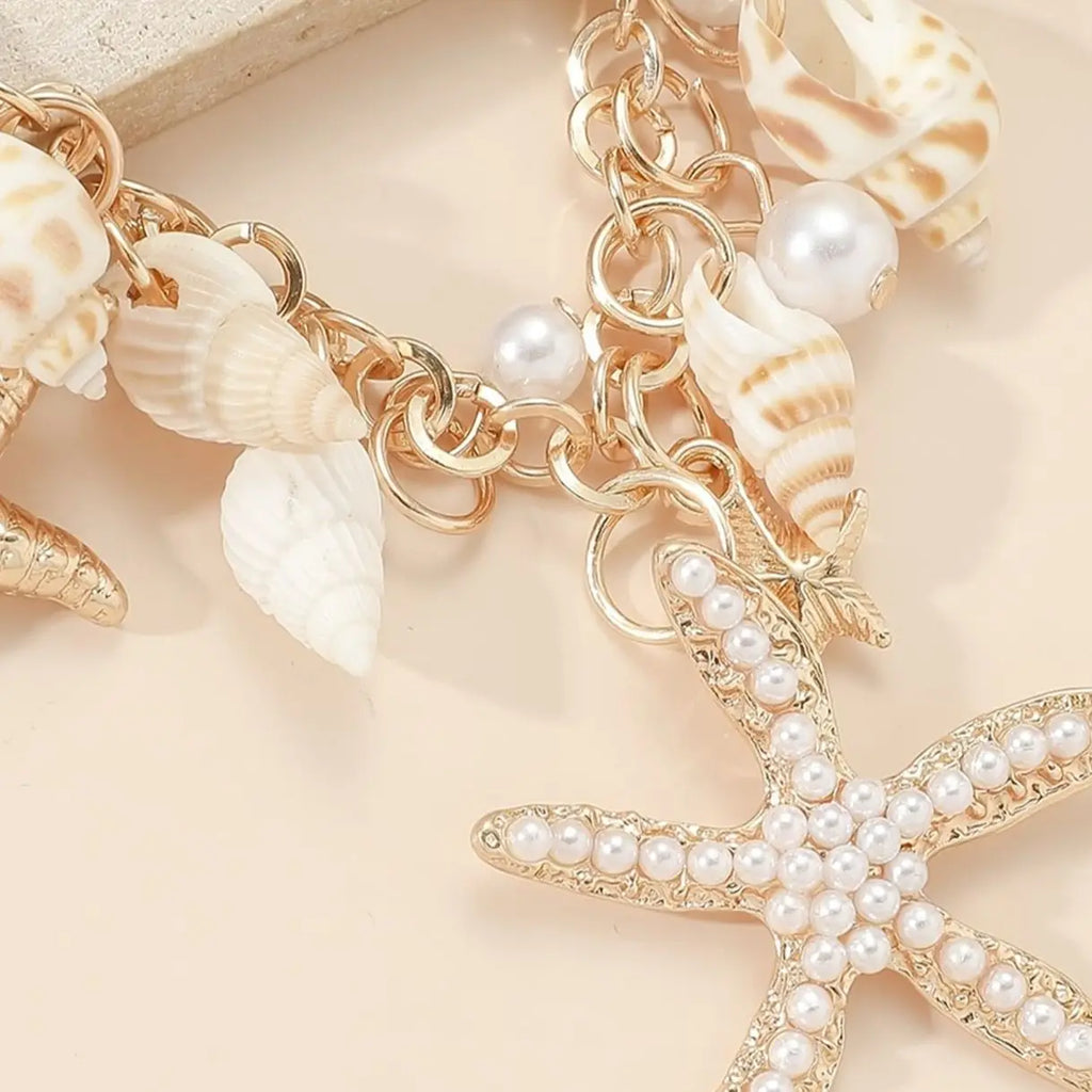 Bohemian Strandfußkettchen mit Perlen und Sternfischen für Frauen