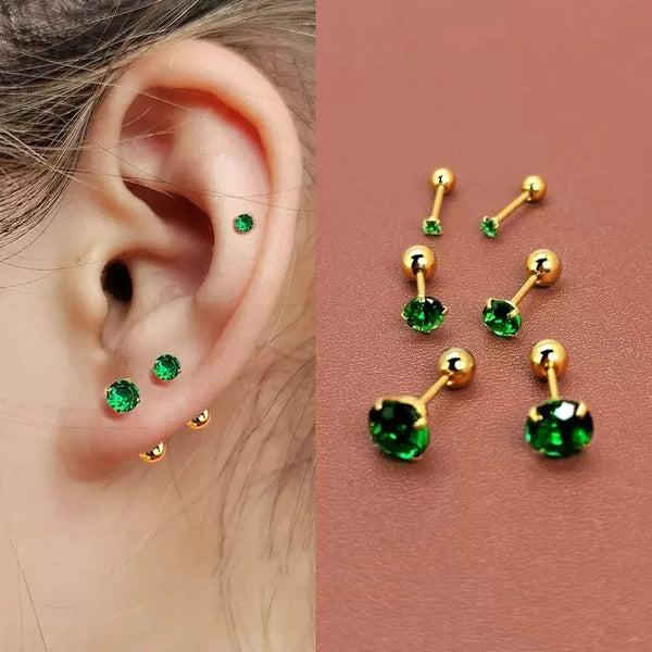 Grüne Tragus Ohrstecker - Runde kleine Ohrstecker für Piercing an der Ohrmuschel und Helix - Schmuck mit CZ Barbell Piercing Ohrringen