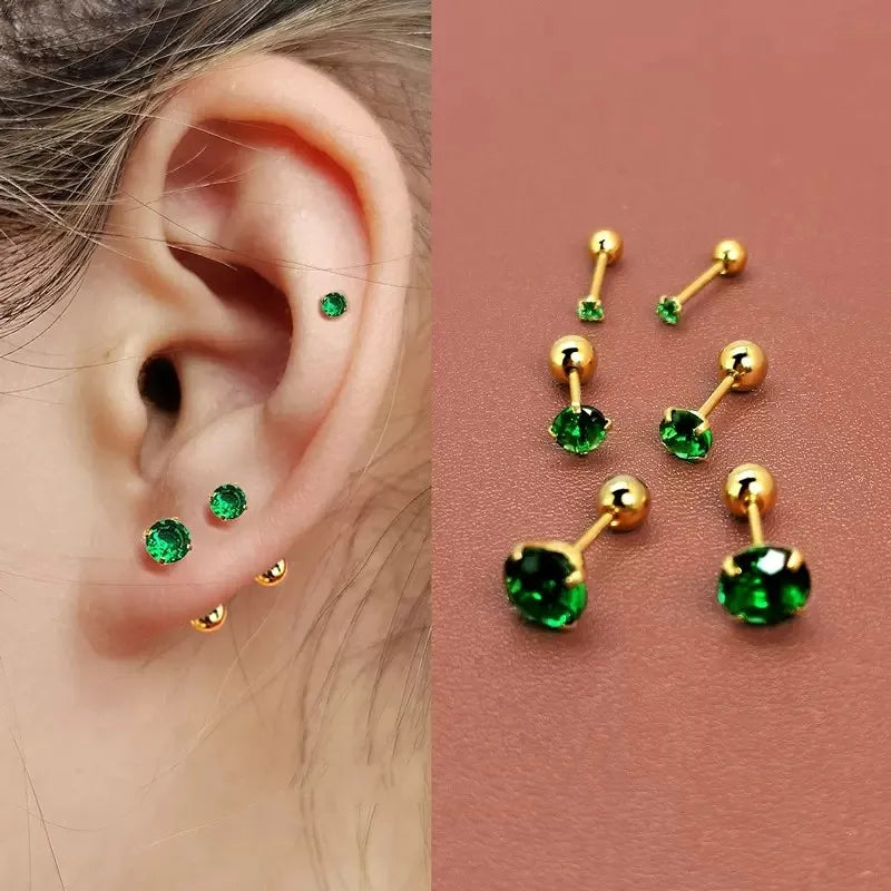 Grüne Tragus Ohrstecker - Runde kleine Ohrstecker für Piercing an der Ohrmuschel und Helix - Schmuck mit CZ Barbell Piercing Ohrringen