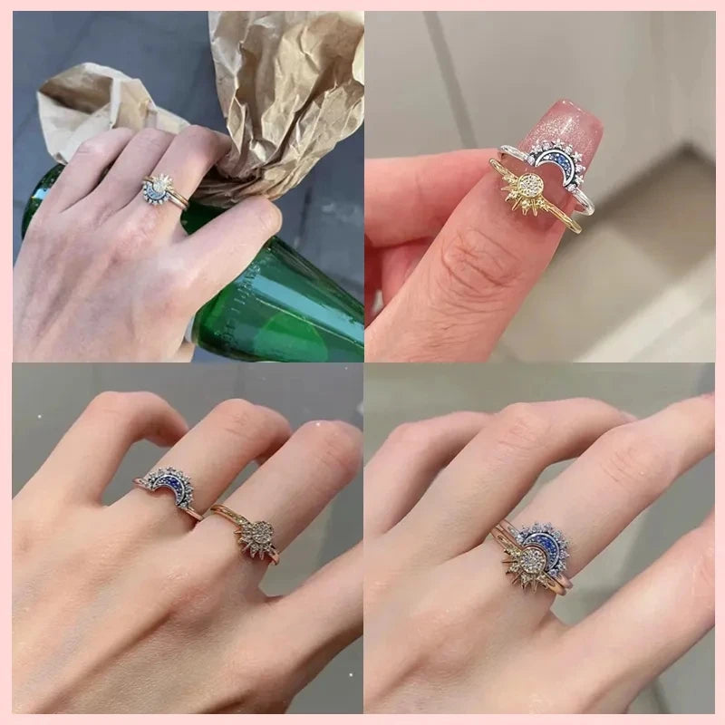 Sterlingsilber Ringe mit funkelnden Sternen und Mond für Frauen - Schmuckset für Party und Hochzeit