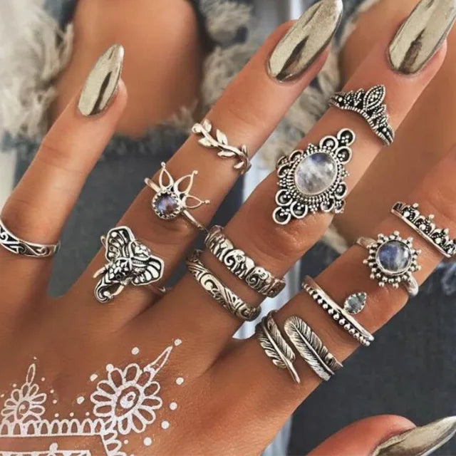 Bohemian Mond Ring Set für Frauen - 11-teiliges Set