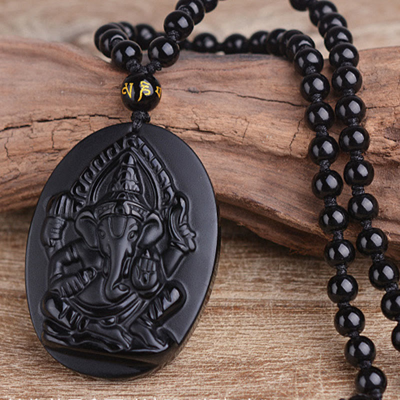 Chavri tibetischer Obsidian Ganesh Ganpati Elefant Reichtum Amulett Halskette